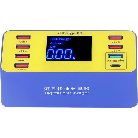 Multifunktionales Ladegerät mit 8 Ports, Digitalanzeige, USB QC3.0 PD Schnellladefunktion, EU-Stecker, 100–240 V Wechselstrom (1/5)