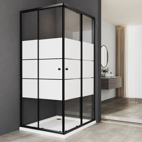 WDWRITTI Duschkabine Schwarz 100x100cm Eckeinstieg Schiebetür, Duschabtrennung Duschwand mit Doppel Schiebetür, 6mm ESG Glas mit weißen Querstreifen-Dekor, Höhe 185cm