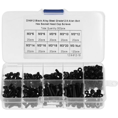 Assortiment de 300 vis et écrous hexagonaux M3 à tête cylindrique creuse en acier allié DIN912 (1/5)