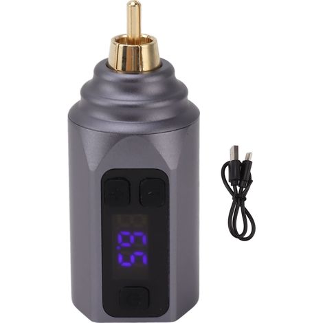 Alimentation sans fil pour tatoueur - Batterie 1500 mAh, coque aluminium gris, charge USB-C, légère et stable, compatible RCA (1/5)