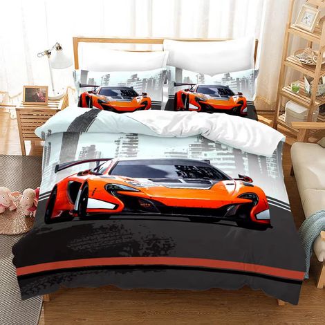 Housse De Couette Voiture de Sport 220x240cm avec 2 Taies d'oreiller,Moderne Orange Auto Housse de Couette en Microfibre,pour Adultes Hommes Jeunes Garçons Enfants (1/5)