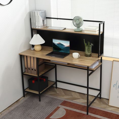 Computertisch mit Stauraum, 4 Ablagen, großer Tischplatte und schwarzer Frontblende, für Wohn-/Schlafzimmer, 120 x 53 x 126 cm (L x B x H), Eiche und Schwarz