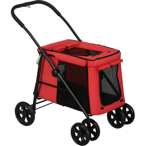 Poussette pliable animaux chien chat coussin inclus roues, frein tissu 600D Oxford 102 x 62 x 105 cm rouge