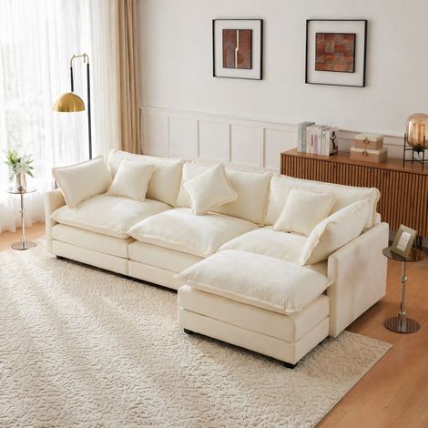Canapé d'angle 3 places en tissu chenille beige avec pouf mobile et méridienne (1/5)