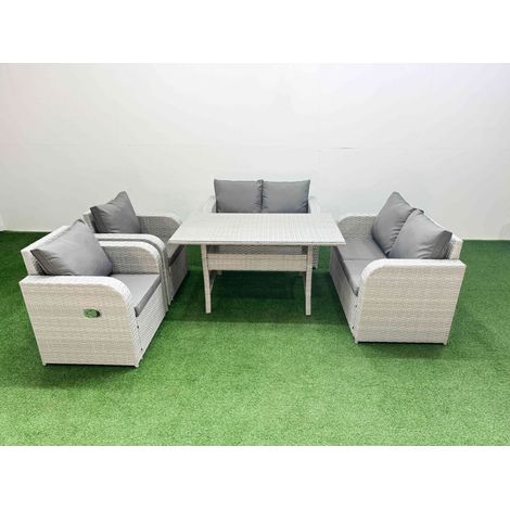 Fimous 6 Seater Outdoor Reclining Chair Love Sofa Set Rattan Garden Furniture Set with Rectangular Dining Table Light Grey (1/4)
