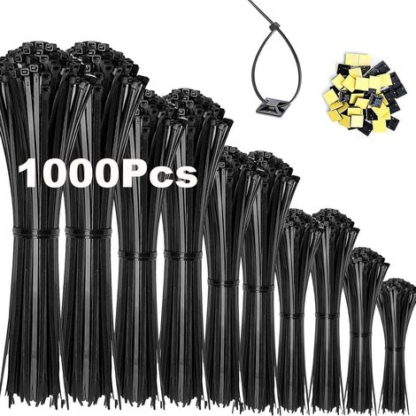 Lot de 1000 serre-câbles noirs avec 20 supports adhésifs, résistants UV et chaleur, 100-300mm (1/5)