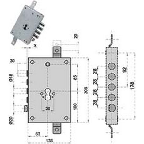1PZ SERRATURA TRIPLICE DA APPLICARE CON SCROCCO CILINDRO EUROPEO BLINDATE 50128 - MM.63