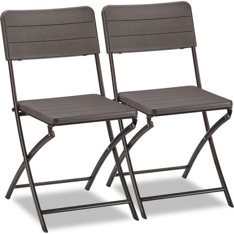 Relaxdays Set di 2 Sedie da Giardino, Effetto Legno, Resistenti, in Plastica, Struttura in Metallo, Pieghevoli, Marrone (1/5)