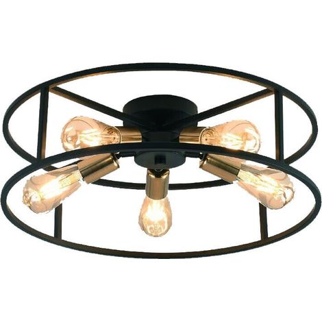 Plafoniera soffitto moderna in stile industriale metallo colore nero e oro 5 portalampada E27 (1/5)