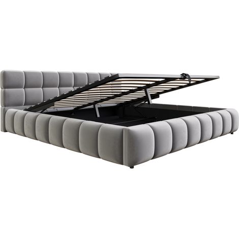 Cama con canapé abatible tapizada 180 x 200 cm en terciopelo gris con LED y almacenaje (1/5)