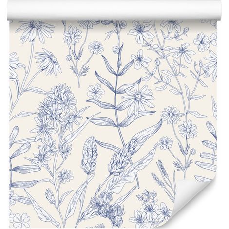 Papier peint à motifs botaniques blanc et gris clair 50x1000 cm (1/5)