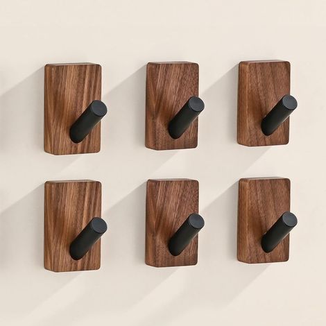 Set aus 6 Holzwandhaken, selbstklebend und dekorativ, im Bohème-Stil, aus Walnussholz, zum Aufhängen von Handtüchern, Kleidung, Decken, Hüten, Rucksäcken, Bademänteln, Kinderzimmertüren usw. (1/5)