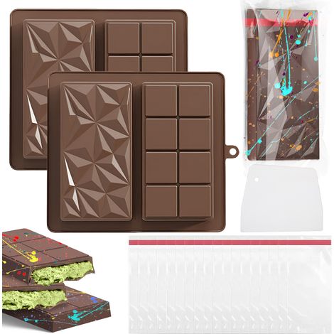 Ortviai – Silikon-Schokoladenformen 2er-Set, 21 × 19 cm – Rautenmuster im Dubai-Schokoladen-Stil – 100 selbstklebende Tütchen und Schaber inklusive (1/4)
