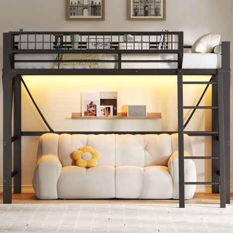 Lit mezzanine 90/200 cm noir en métal avec LED et panier de rangement (1/5)