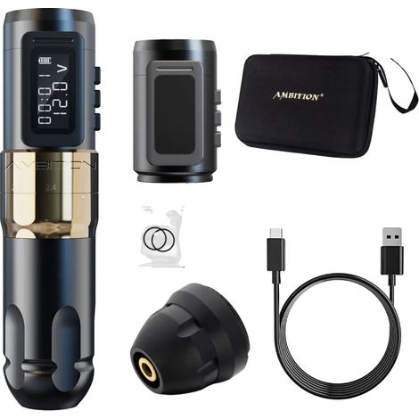 Máquina de tatuar inalámbrica, longitud de carrera ajustable, kit dorado (1/2)