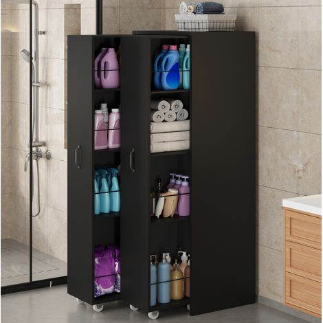 Librería extensible con ruedas, 4 estantes MDF negra, módulos reversibles izquierda/derecha (1/5)