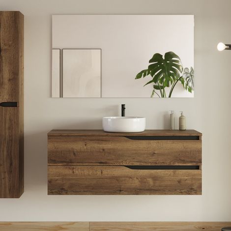 Meuble de salle de bain 120 avec plateau et vasque à poser - 2 tiroirs - tabaco (bois foncé) - LUNA (1/5)