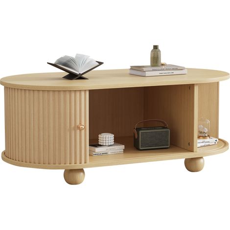 Table basse ovale avec espace de rangement et portes coulissantes, meuble multifonction peu encombrant effet bois (1/5)