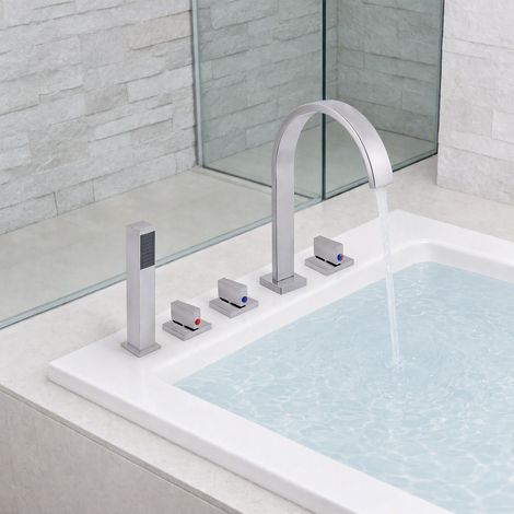 【Chauffage et ventilation】Robinet cascade 5 trous - de baignoire Mitigeur avec bec et douchette -finition chromée - eau chaude et froide (1/5)