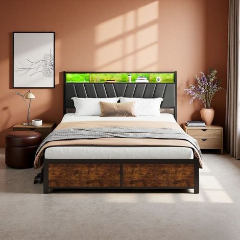 Letto matrimoniale 160x200cm - Design industriale - 4 cassetti di stoccaggio - Porte USB integrate - Illuminazione a LED