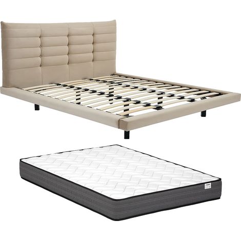 Letto 160 x 200 cm con testata trapuntata Velluto Beige + Materasso - NISATIO (1/5)