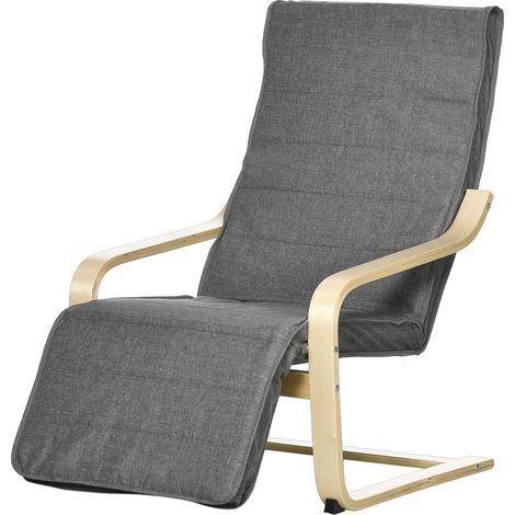 Poltrona Relax con Poggiapiedi a 5 Livelli e Poggiatesta in Legno di Betulla e Tessuto Grigio (1/5)