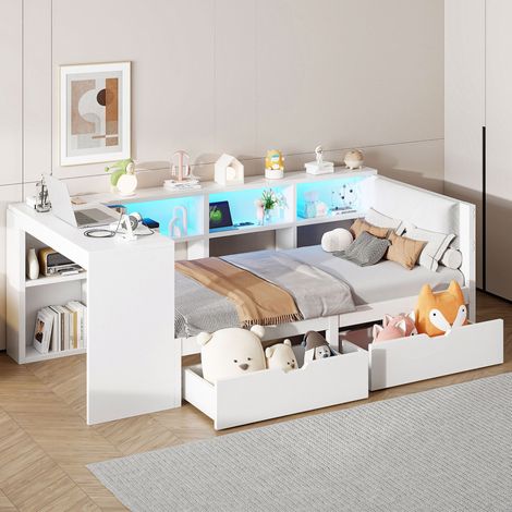 Cama individual 90/200 cm blanca de MDF y madera con cabecero tapizado, cajones, USB y LED (1/5)