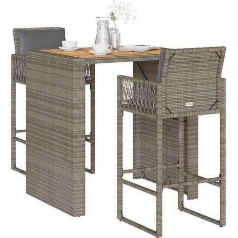 3-tlg. Gartenbar-Set mit Kissen Grau Poly Rattan Akazie