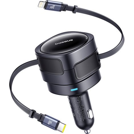 Chargeur de voiture avec câbles rétractables USB-C et Lightning pour iPhone 60 W - Noir (1/5)