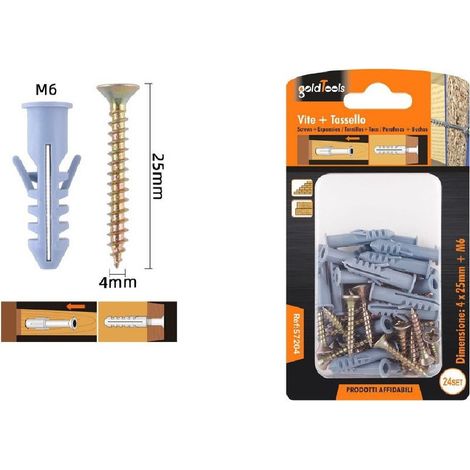 Kaela - Set 24 Pezzi Viti Vite 4 X 25 Mm + Tasselli Con Alette Tassello M6 Fischer 57204 - (1/2)
