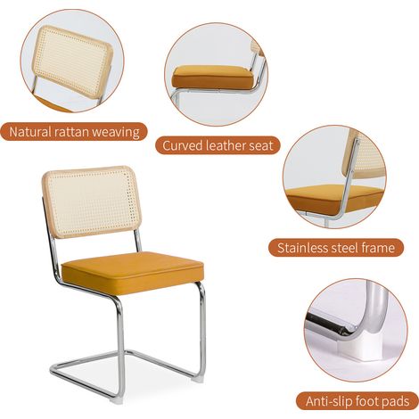 Lot de 2 chaises de salle à manger en velours et rotin, avec pieds chromés, chaises d’appoint modernes style milieu de siècle Breuer, chaises rembourrées pour salle à manger, salon et cuisine (1/5)