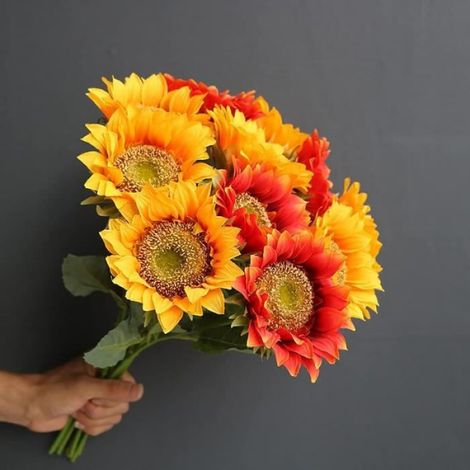 10 pièces de tournesols artificiels Fleurs d'automne Soie Fausse Tournesols avec Tige Arrangement Floral Artificiel, Rouge et (1/4)
