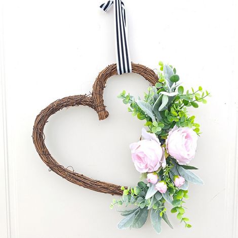 Guirlande En Forme De Coeur - 35 Cm - Cadre En Rotin Avec Roses Artificielles - Décoration De Porte Pour La Saint-Valentin Et Le Printemps - 1 Pièce (1/5)
