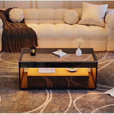 Table basse en panneaux de particules noirs 100 cm avec LED, plateau verre trempé, 2 tiroirs (1/5)