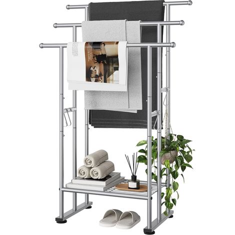 Porte-Serviettes sur Pied 3 Niveaux, Hauteurs 80, 90 ou 100 cm – Largeur 67 cm, Structure en Métal avec Étagère, Pieds Ajustables pour la Stabilité, Idéal pour Salle de Bain, Piscine, Argent (1/5)