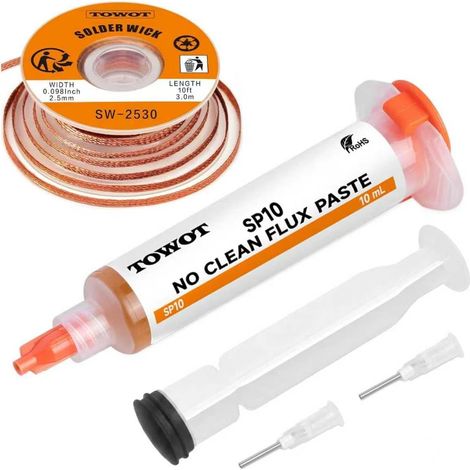 Tresse à dessouder de 3 m et pâte à souder sans nettoyage (10 cc) - Kit de dessoudage pour la réparation électronique, les circuits imprimés et la retouche de cartes de circuits imprimés (1/5)
