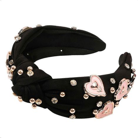 Bandeau pour cheveux femme Saint-Valentin avec pendentif cœur et strass, large bande élastique antidérapante en tissu à nœud.-Black (1/5)