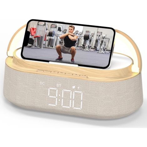 Radio Réveil Digital avec Chargement sans Fil avec Lampe Multifonctionnel Enceinte Bluetooth avec Station de Charge, Affichage LED, Lampe Cadeau Homme Femme (1/5)