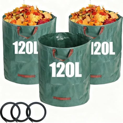 3 Gartenabfallsäcke, 120 l PP mit Griff, grüne Abfallsäcke für Laub und Unkraut (1/5)