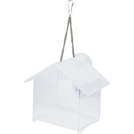 Mangeoire suspendue transparente pour oiseaux, pouvant servir de station de repos, à installer dans un jardin extérieur. (1/4)