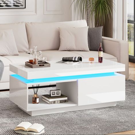 Moderne lackierte Couchtisch mit LED-Beleuchtung, 1 Schublade, Tragfähigkeit von 50 kg, 100 x 50 x 40,3 cm