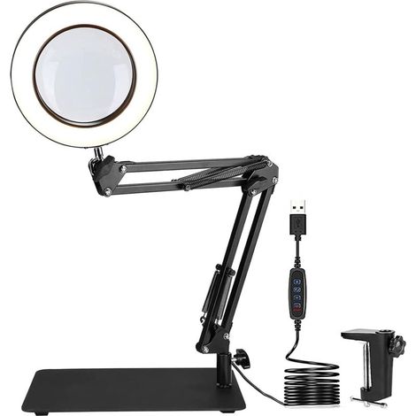 Ikodm72LED Desk Magnifying Glass Lamp, 5X Magnifying Glass with Daylight Light 1500 Lumens 3 Color Modes Adjustable Swivel Arm Magnifier for Crafts, Jewelry, Sewing, Reading (Folding)