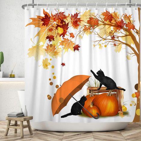 183x188cm Mignon Chat Rideau de Douche Chat Noir, Citrouille, Parapluie, Automne Paysage, Feuille d'Érable Tombée Ensemble de Bain (1/5)
