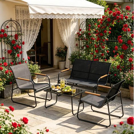 Set da giardino 4 pezzi 111,5x76,5x75 cm in metallo nero facile da montare FloraGrace (1/5)