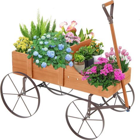 GOPLUS Jardinière Forme Brouette, Brouette Décorative en Bois avec 4 Roues en Métal, 2 Bac de Plantation Séparés avec Trous de Drainage, Charge Jusqu'à 15kg, 35×62,5×52,5cm (Orange)