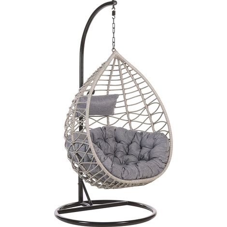 Fauteuil Suspendu en Rotin Gris avec Coussin et Support en Acier Noir pour Usage à l'Intérieur et Extérieur au Design Bohème Très Tendance Beliani