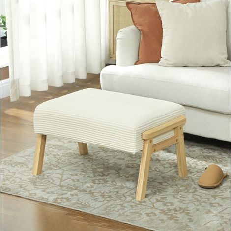 Taburete reposapiés con cojín mullido, patas de madera, aspecto cordón, crema HAVRYA (1/5)