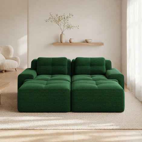 Sofá modular en U de 2 plazas, terciopelo acanalado verde, sin montaje, HAVRYA (1/5)