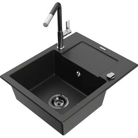 Mexen Enzo 1 Becken-Granitspüle mit Abtropffläche und Mischbatterie Flora, Schwarz/Gold metallisch -