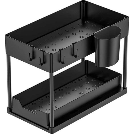 Organisateur de rangement à double couche étagère sous lavabo -Raquette multifonction - Livré avec 4 crochets et 1 porte-gobelet - (1/5)